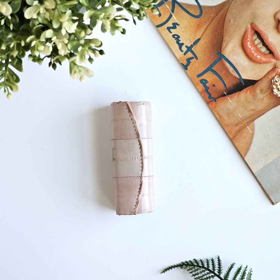 Vintage Eel Skin Genuine Leather Pink Lipstick Case With Mirror Cosmetic Holder
